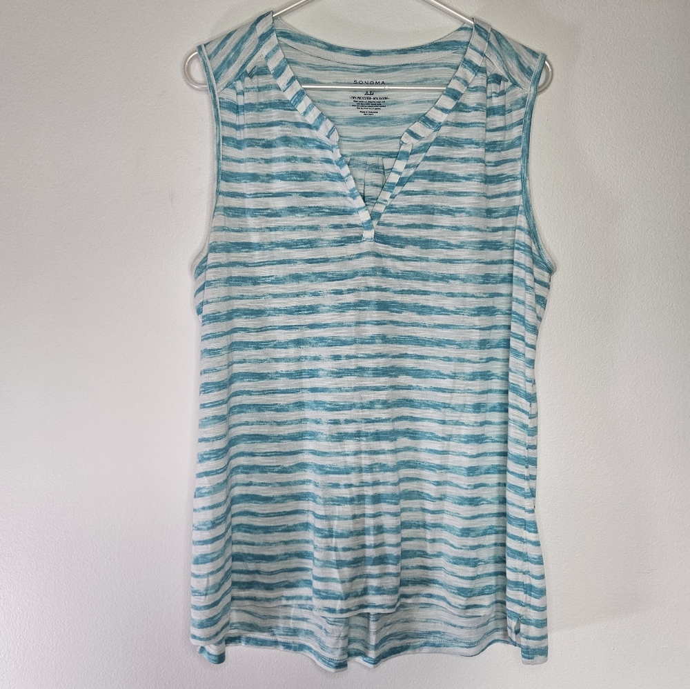 Sonoma Life + Style Blue and White Striped V-Neck Tank Top Sz XL